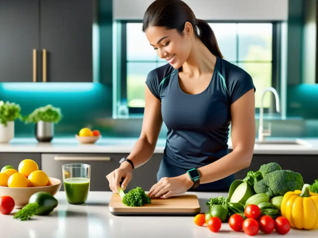 Preparación saludable con tecnología wearable Persona usando un monitor de actividad al cocinar en una cocina moderna