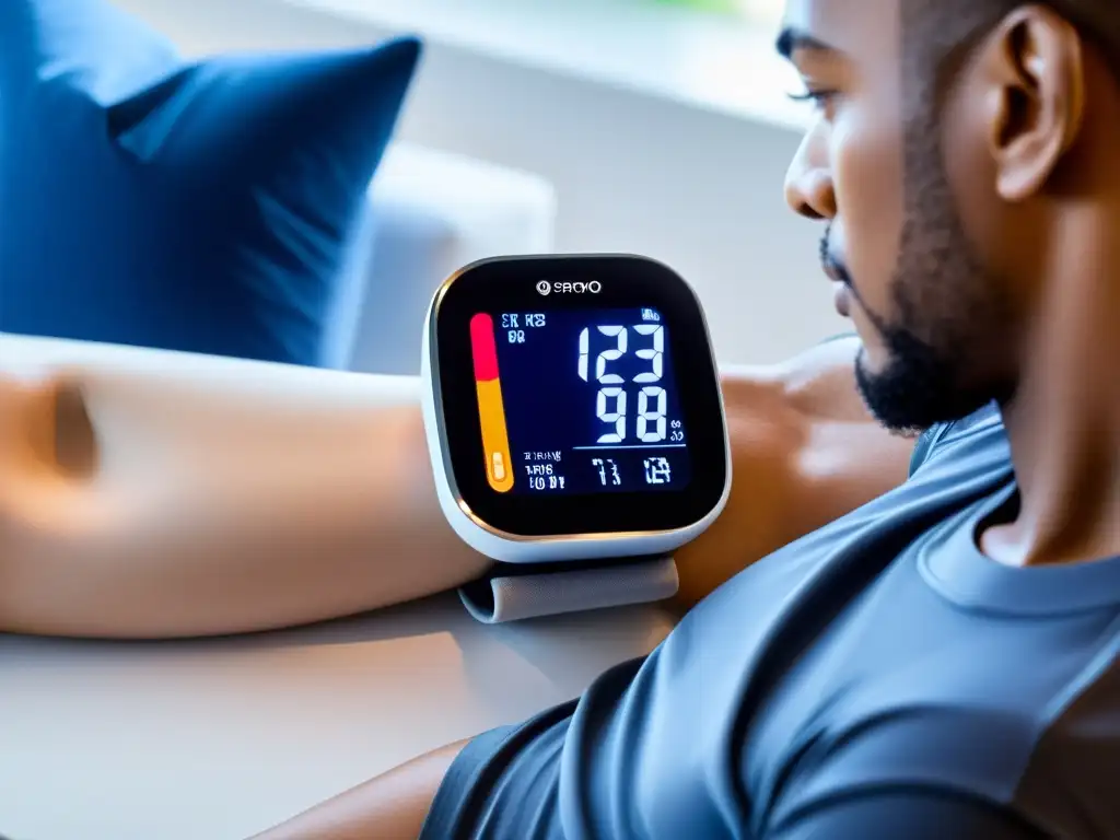 Monitor de presión arterial moderno en uso con interfaz futurista y estilo saludable Persona usando monitor de presión arterial Bluetooth con interfaz futurista y ambiente saludable, fortaleciendo el sistema inmunológico humano