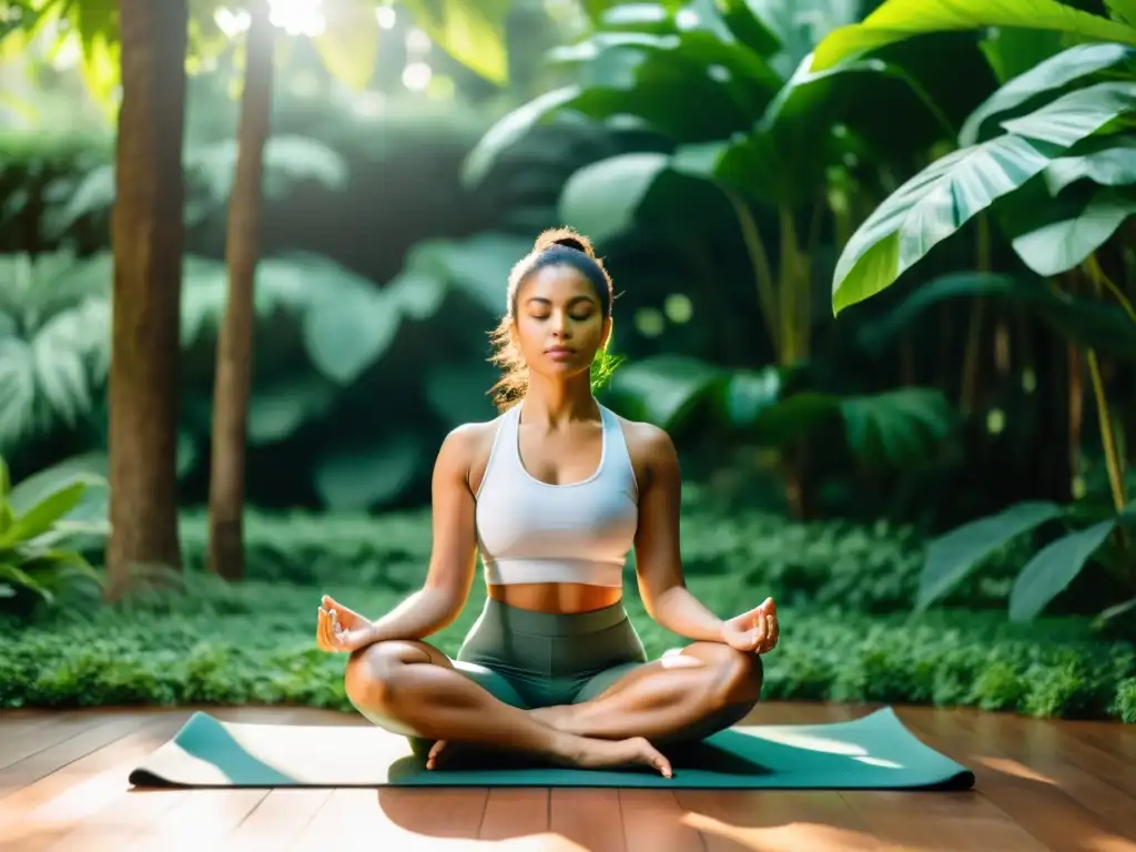 Mindfulness en la naturaleza: equilibrio tecnológico Persona meditando en la naturaleza con app de manejo del estrés y tecnología integrada