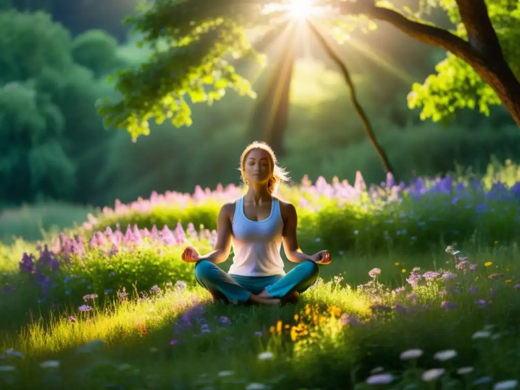 Meditación en la Naturaleza: Serenidad y Conexión Persona meditando en la naturaleza, transmitiendo calma y conexión con la palabra clave 'Meditación y sistema inmunológico'