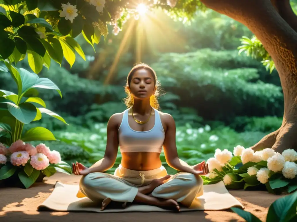 Serena meditación en entorno natural: detalle en 8k Persona meditando en la naturaleza, rodeada de vegetación exuberante y flores, irradiando paz