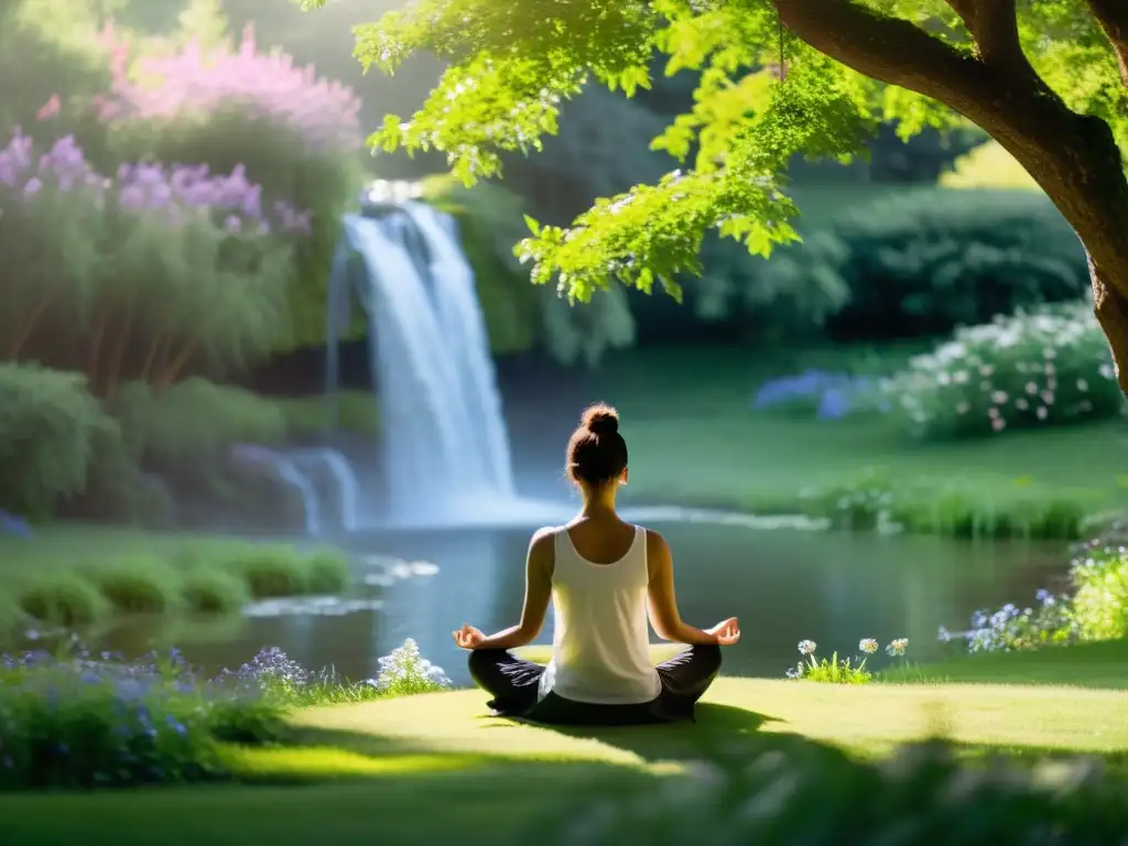 Meditación en la naturaleza: serenidad y equilibrio Persona meditando en la naturaleza, rodeada de flores y un estanque sereno, transmitiendo calma y paz interior para optimizar el sistema inmunológico