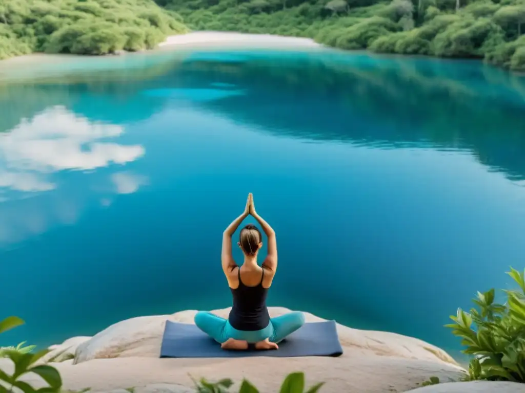 Yoga Nidra: Relajación total en la naturaleza Una persona practica Yoga Nidra en un entorno natural sereno, rodeada de vegetación exuberante y aguas tranquilas