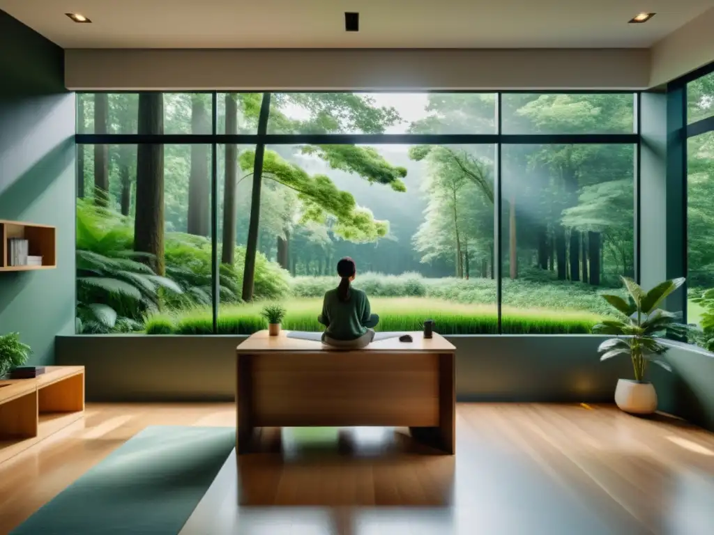 Persona meditando en oficina con vista a bosque
