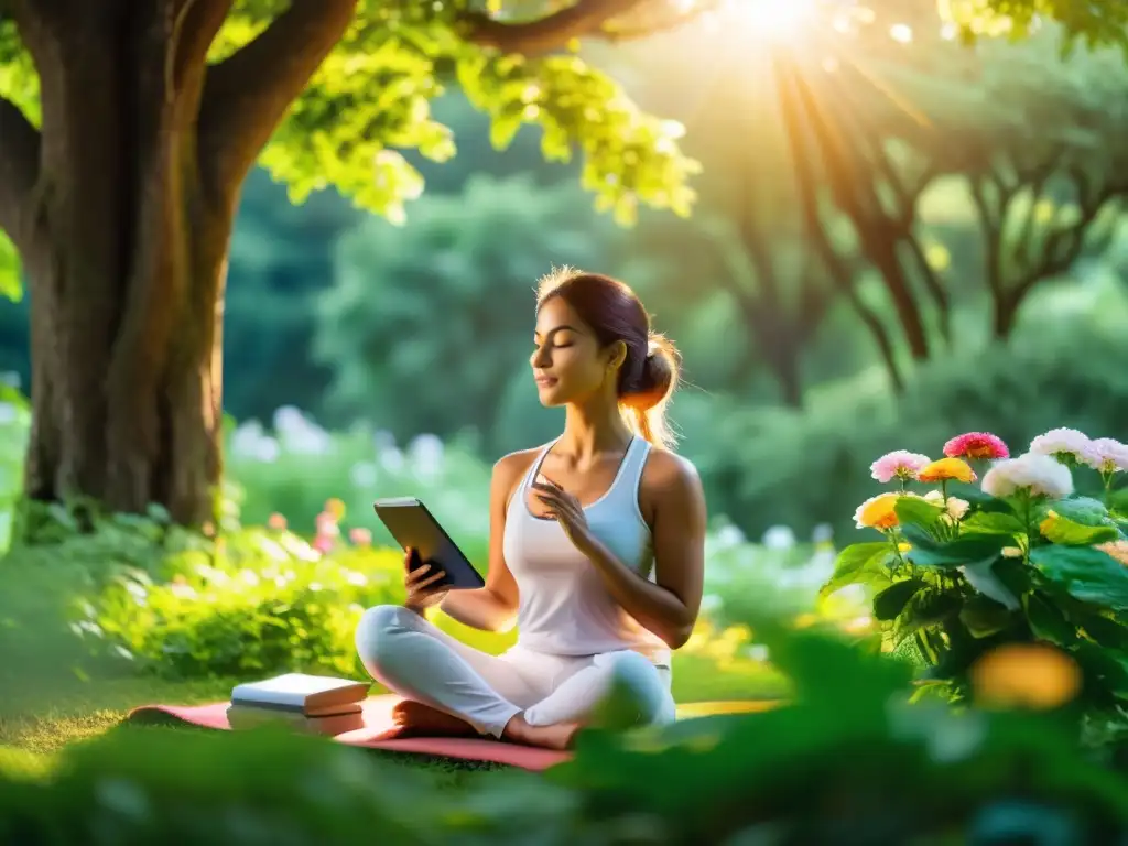 Refugio natural: meditación en el bosque Persona disfrutando de una pausa de la tecnología en un entorno natural, promoviendo la desintoxicación digital para salud mental