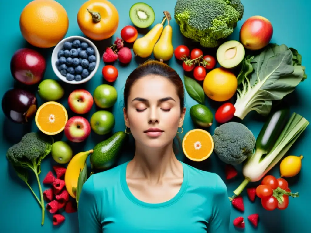 Practicante de ayuno intermitente disfruta comida saludable en paz Persona en paz practicando el ayuno intermitente, disfrutando de una comida balanceada rodeada de frutas y verduras antioxidantes