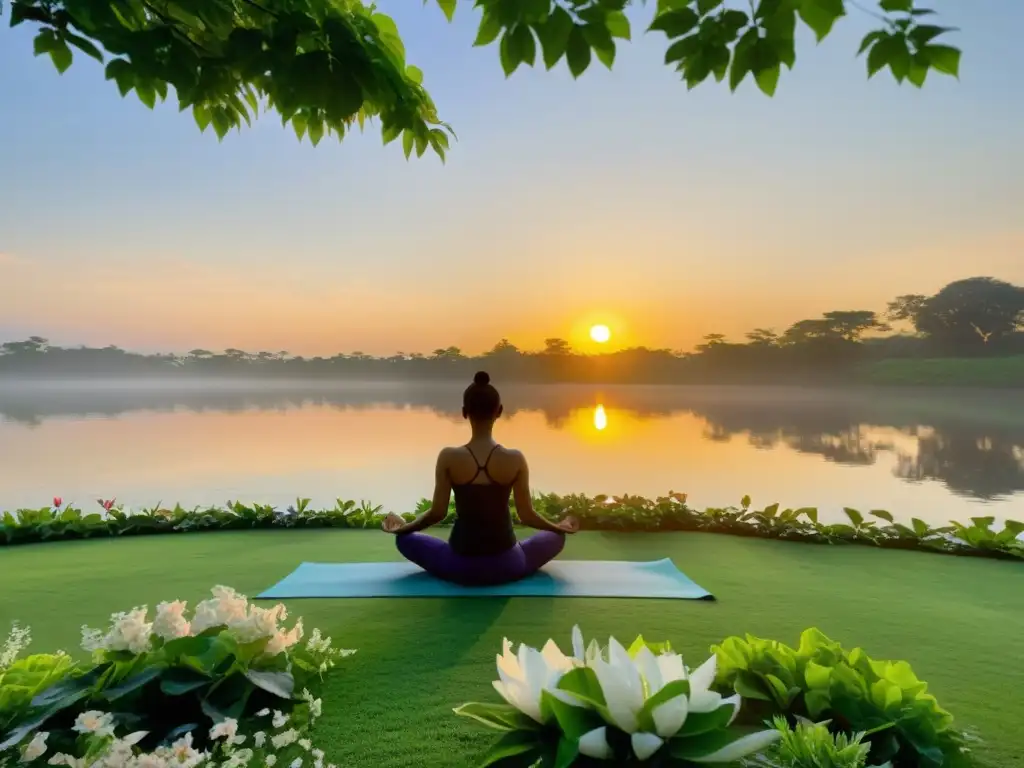 Yoga al amanecer: paz y vitalidad en la naturaleza Una persona practica yoga al amanecer, reflejando paz y fortaleza