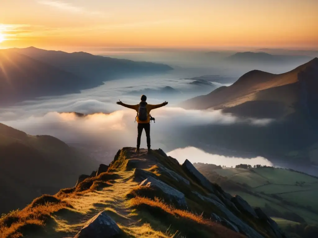 Triunfo al Amanecer: Persona en la Cumbre Una persona de pie en la cima de una montaña, con los brazos abiertos hacia el sol naciente sobre un valle brumoso