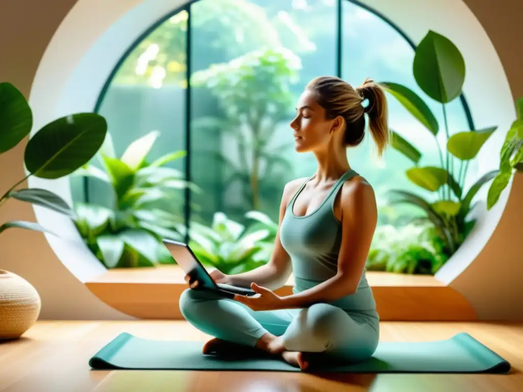 Persona en meditación con app de bienestar Una persona en posición de loto interactuando con una app de bienestar en un ambiente sereno y equilibrado