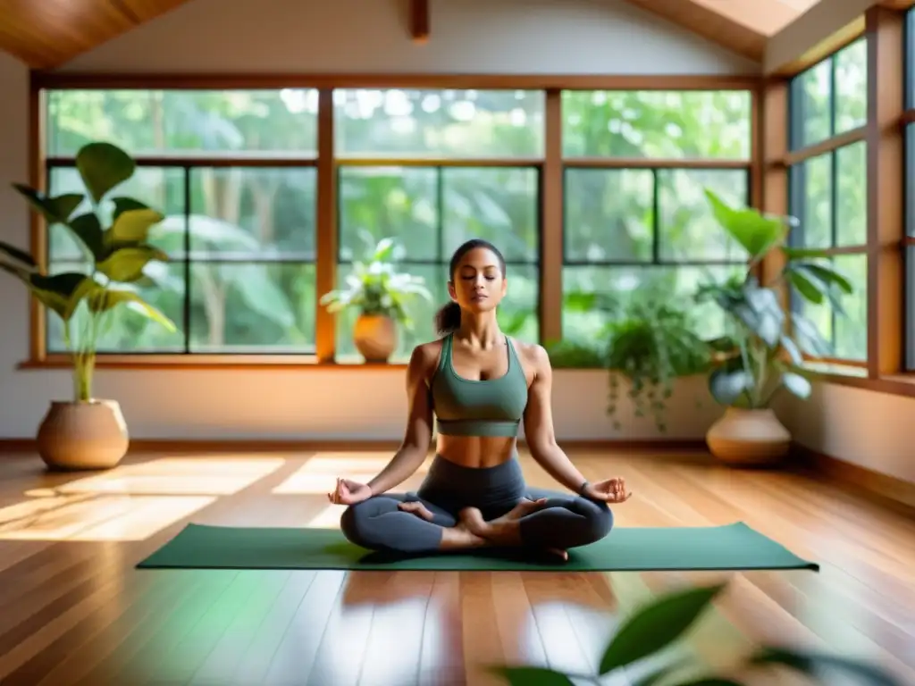 Persona en postura meditativa practicando pranayamas para estimular inmunidad en un estudio de yoga sereno con luz natural y plantas verdes