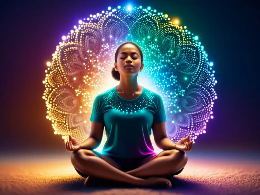 Una persona en postura meditativa rodeada de partículas vibrantes, simbolizando la conexión entre mindfulness y la salud inmunológica