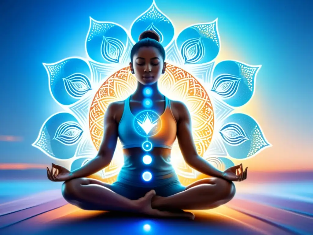 Armonía inmunitaria: ilustración abstracta de yoga y calma Persona en postura de yoga rodeada de un aura azul calmante, con patrones e símbolos del sistema inmunitario