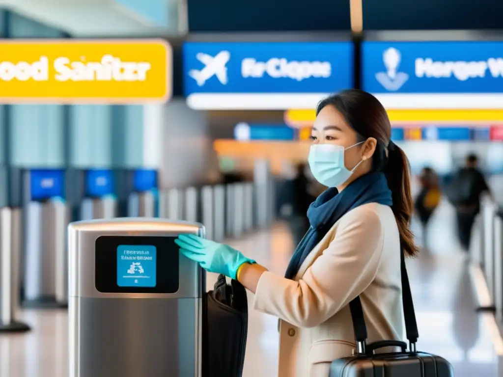 Preparándome para viajar: desinfección y precaución en el aeropuerto Persona tomando precauciones antes de viaje internacional, usando mascarilla y desinfectante de manos en aeropuerto concurrido