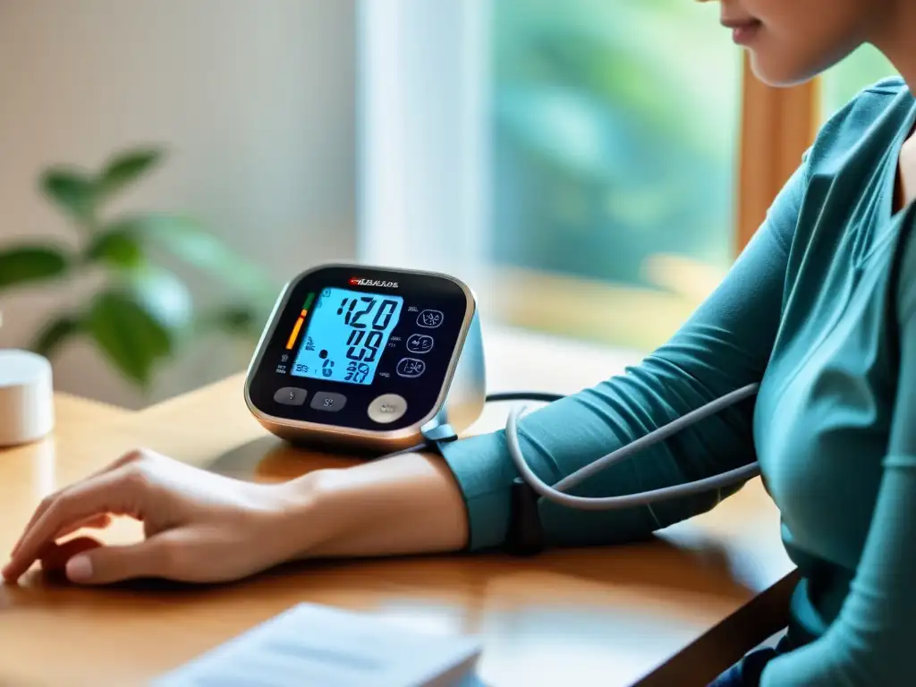 Control de presión arterial en casa: salud proactiva Una persona monitorea su presión arterial en casa, con tranquilidad y enfoque en la salud preventiva