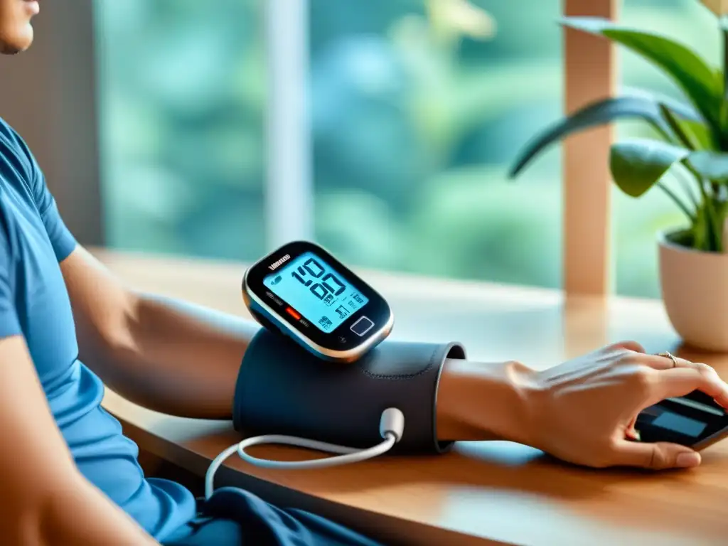 Monitoreo de presión arterial en casa con Bluetooth: bienestar y tecnología Una persona monitorea su presión arterial con un dispositivo Bluetooth en casa, fortaleciendo su sistema inmunológico