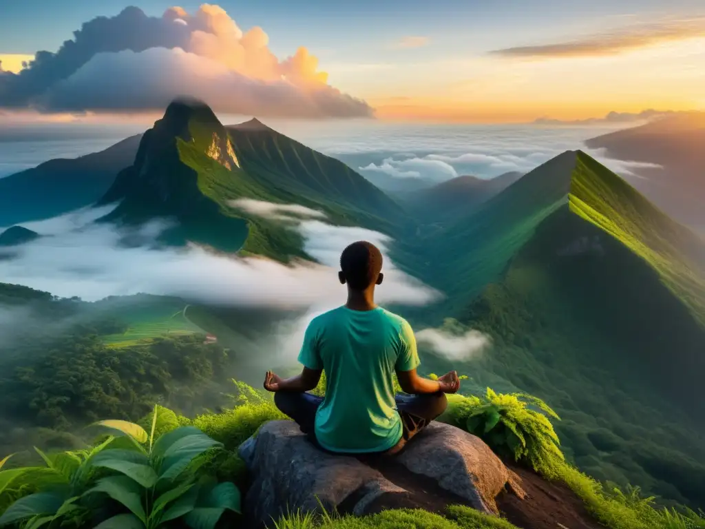 Persona en profunda meditación en la cima de la montaña al amanecer, rodeada de naturaleza exuberante