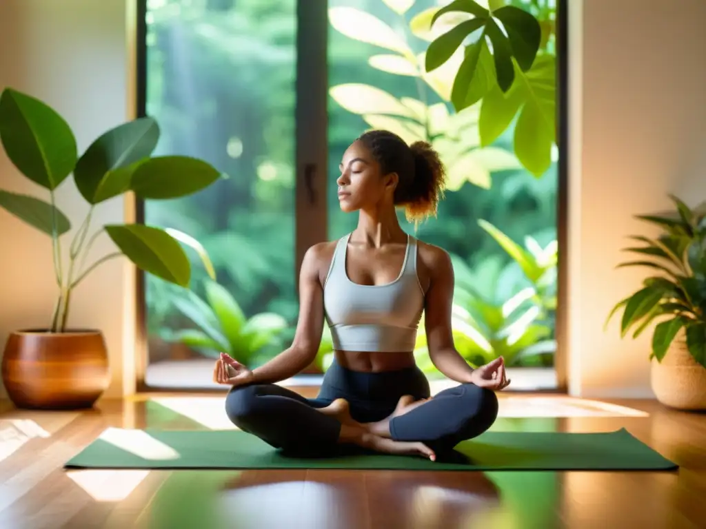 Meditación serena en un oasis verde Persona en profunda meditación en un espacio soleado y tranquilo rodeado de vegetación, ideal para ejercicios de meditación para fortalecer defensas