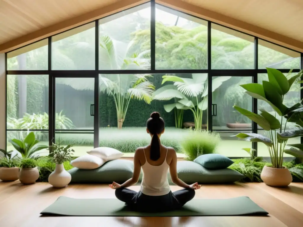 Espacio de meditación moderno y sereno con vista al jardín Persona en profunda meditación, rodeada de plantas en sala minimalista con vista a jardín, fortaleciendo sistema inmune con técnicas de meditación