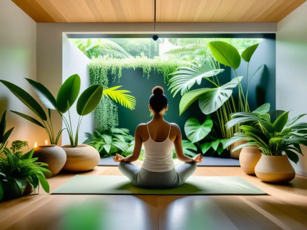 Tranquil Meditación: Persona en Espacio Minimalista Persona en profunda meditación rodeada de plantas verdes en un espacio minimalista