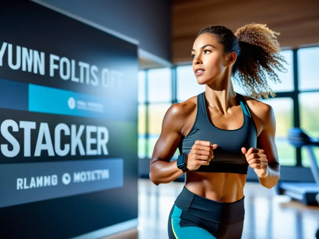 Entrenamiento tecnológico: Fitness Tracker en Acción Una persona usa un rastreador de actividad en un gimnasio moderno, realizando diversas actividades físicas