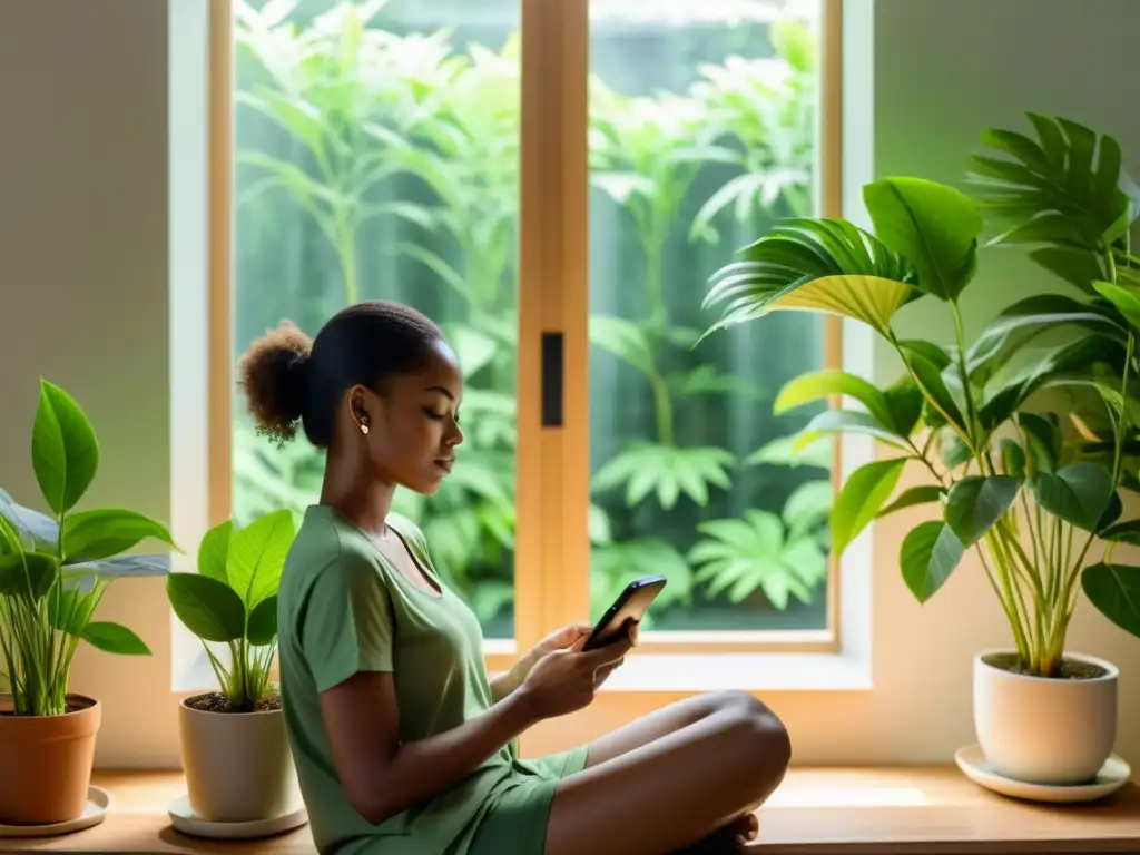 Serena meditación con app de bienestar Persona relajada usando app de gestión del estrés en ambiente tranquilo con plantas y luz natural