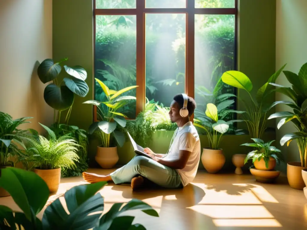 Persona relajada en habitación soleada, rodeada de plantas, con auriculares Una persona relajada escucha música con auriculares en una habitación soleada rodeada de plantas verdes