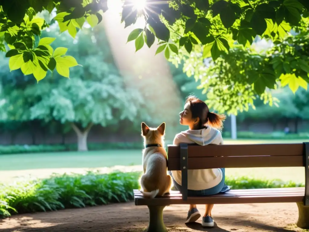 Compañía serena: persona y perro disfrutando en el parque Una persona relajada en un banco del parque con su perro, disfrutando de la tranquilidad y los beneficios de las mascotas en el sistema inmunológico