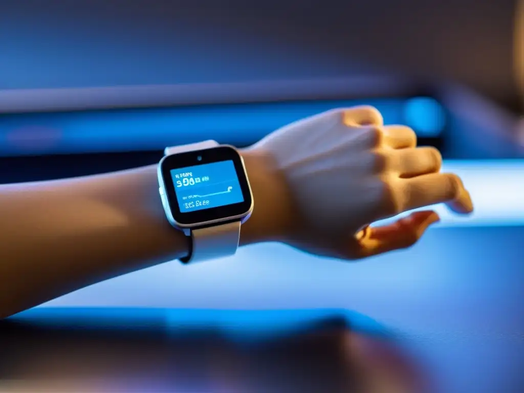 Monitor de salud inteligente: datos biométricos en tiempo real Persona relajada con dispositivo biofeedback inmunológico en interior futurista, mostrando datos biométricos en pantalla