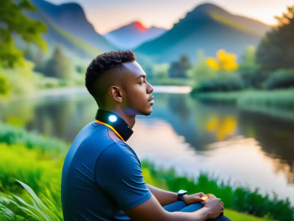 Biofeedback en la naturaleza: gestión del estrés Persona relajada usando dispositivo biofeedback inmunológico para gestionar estrés en la naturaleza