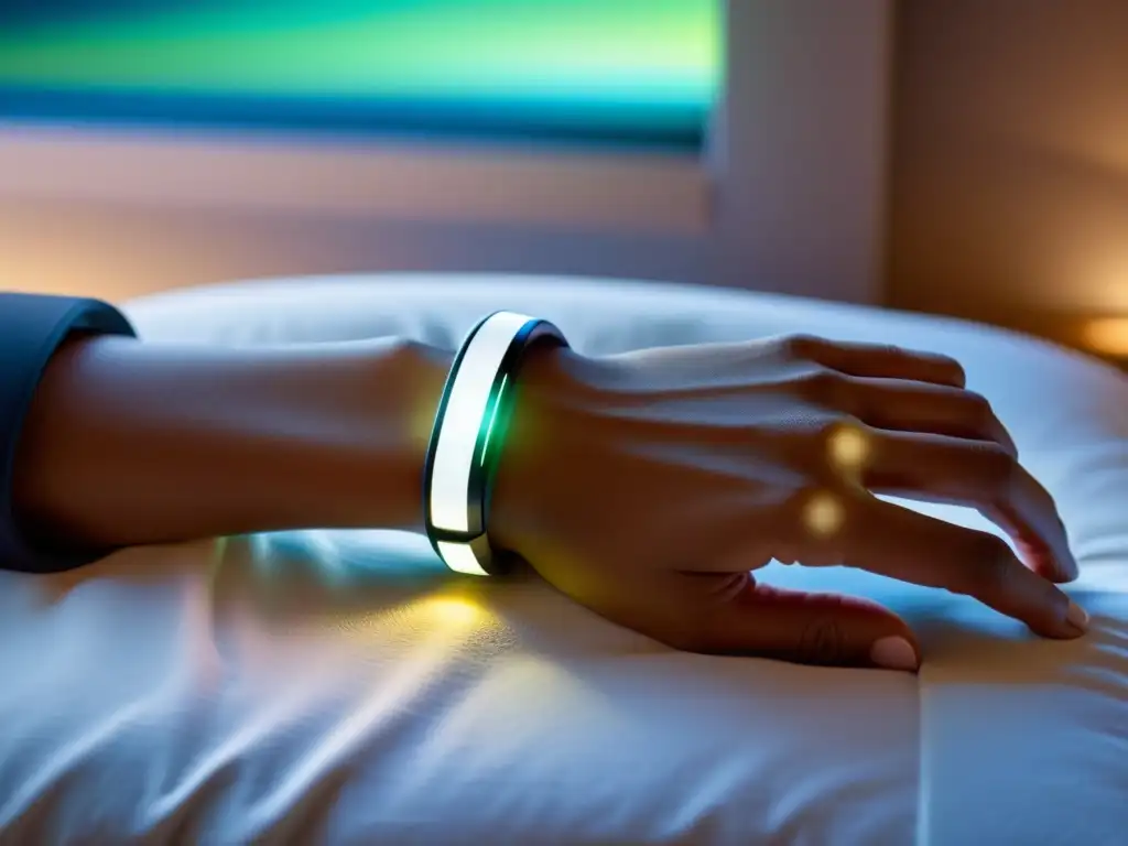 Wearable futurista emitiendo aura de bienestar en entorno tecnológico Persona relajada usando dispositivo wearable futurista con sensores y pantalla, en un entorno de dormitorio sereno