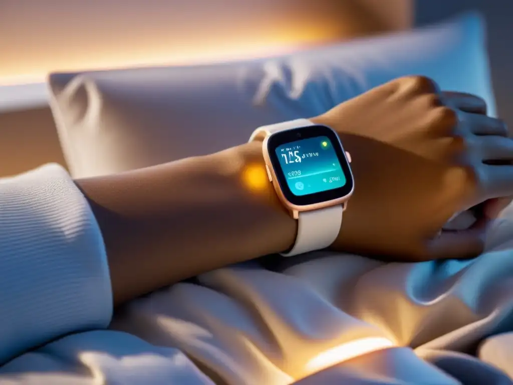 Monitor de sueño y salud: estilo de vida sereno con tecnología wearable Una persona relajada usa un dispositivo wearable moderno que muestra datos de sueño y sistema inmunológico