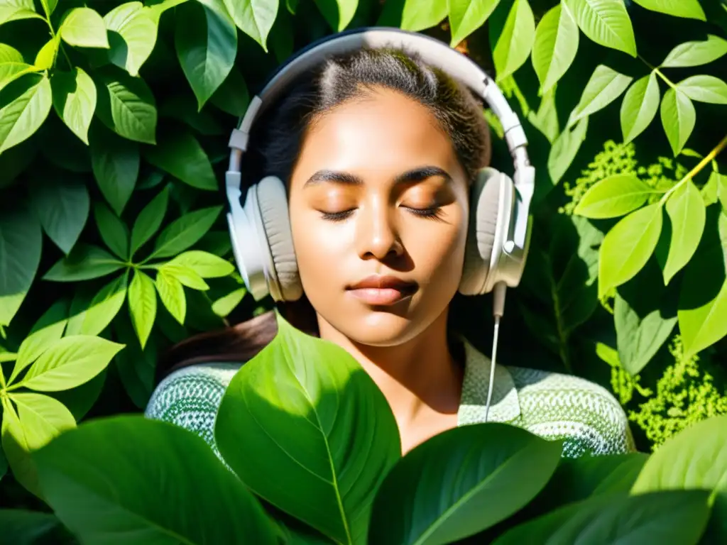 Armonía natural: música y serenidad entre plantas Una persona relajada escucha música en un entorno tranquilo y soleado, rodeada de plantas