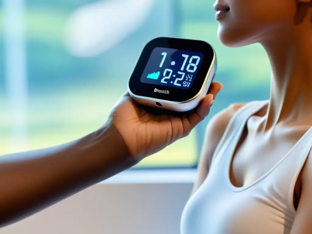 Monitor de respiración portátil: vitalidad en tiempo real Persona relajada monitorea su respiración con dispositivo moderno en ambiente luminoso