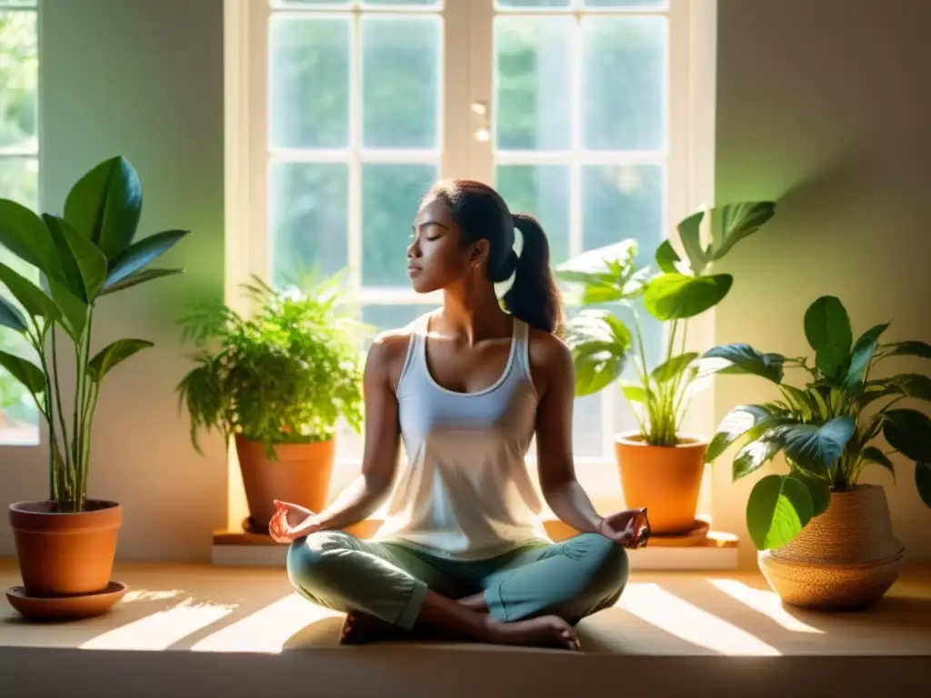 Persona relajada practicando biofeedback para fortalecer sistema inmunológico en ambiente sereno y luminoso con plantas