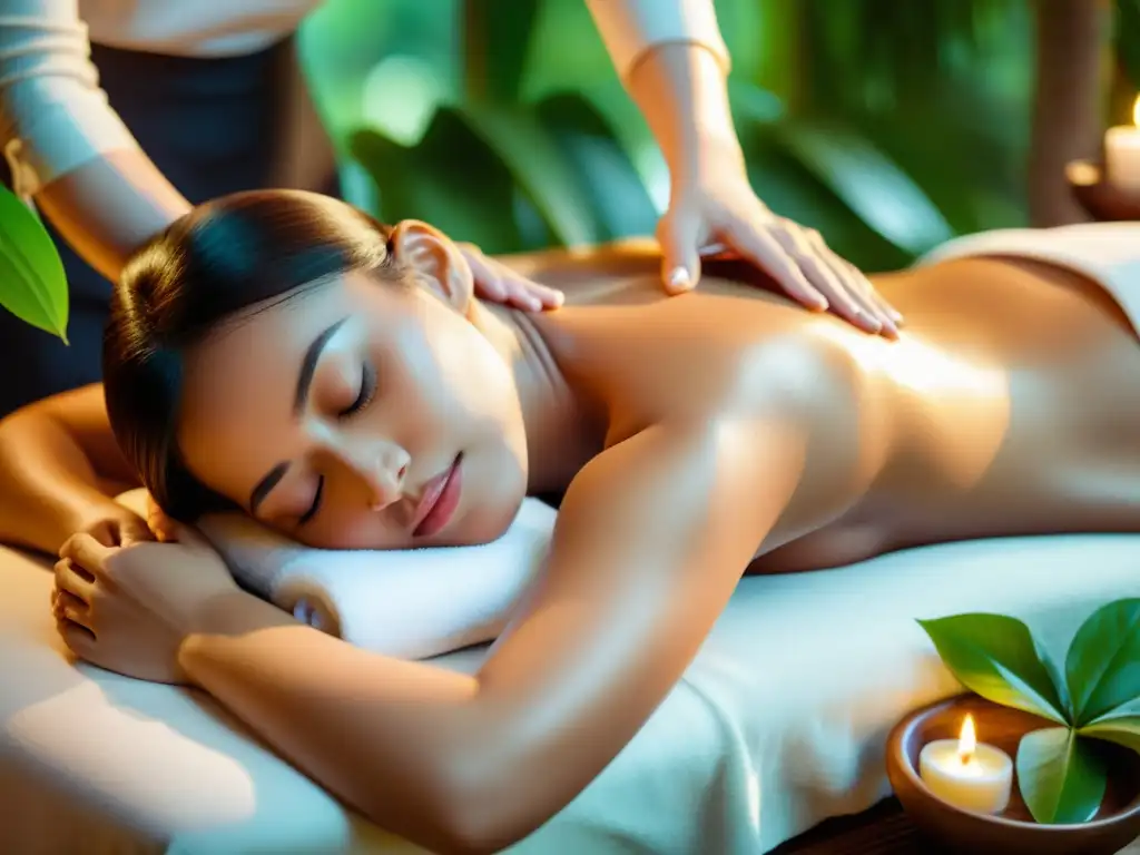 Masaje relajante en spa: calma y bienestar Una persona recibe un relajante masaje con una iluminación suave y cálida, creando una atmósfera serena