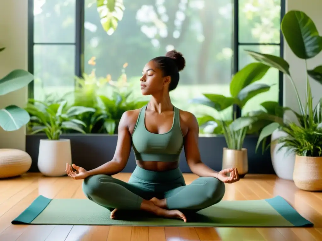 Conscious Breathing for Immune Health: Serenity in Nature Persona practicando respiración consciente en un ambiente sereno y soleado, rodeada de plantas verdes
