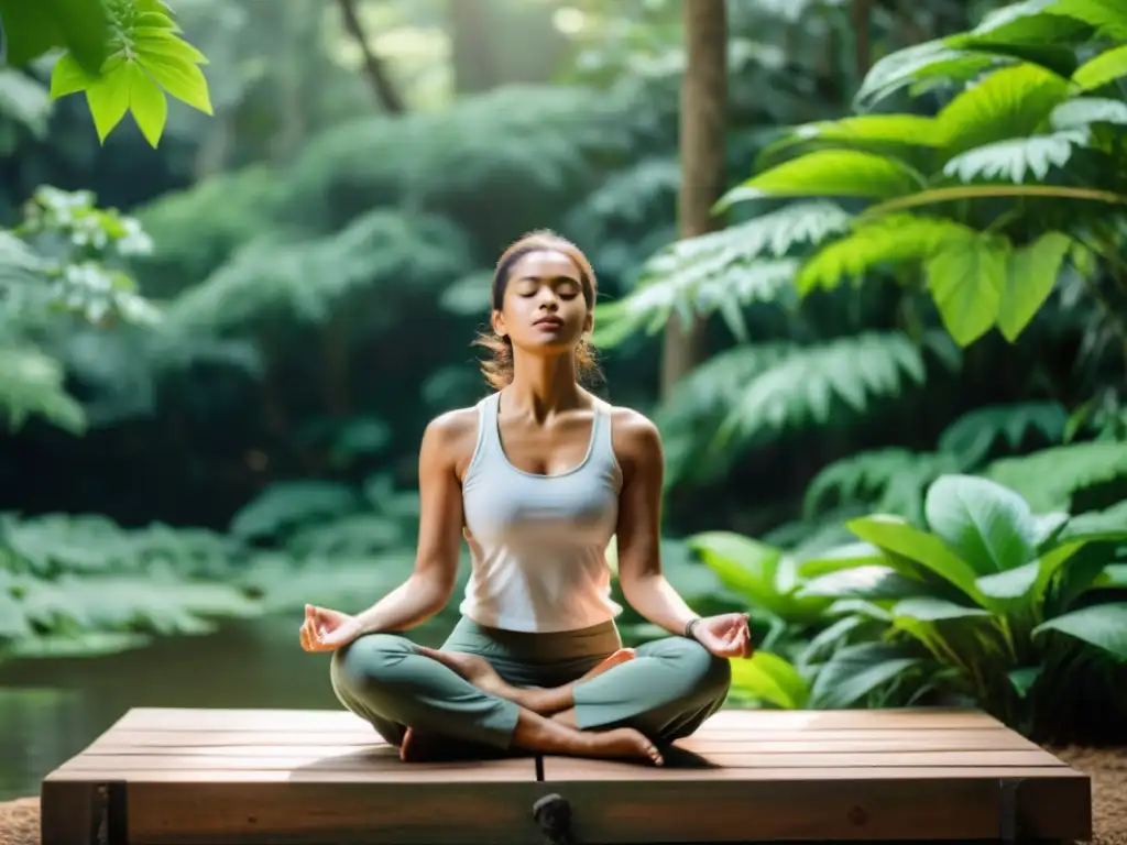 Meditación en la naturaleza: respiración consciente Persona practicando respiración consciente en un entorno natural sereno, transmitiendo equilibrio y fortaleza del sistema inmune