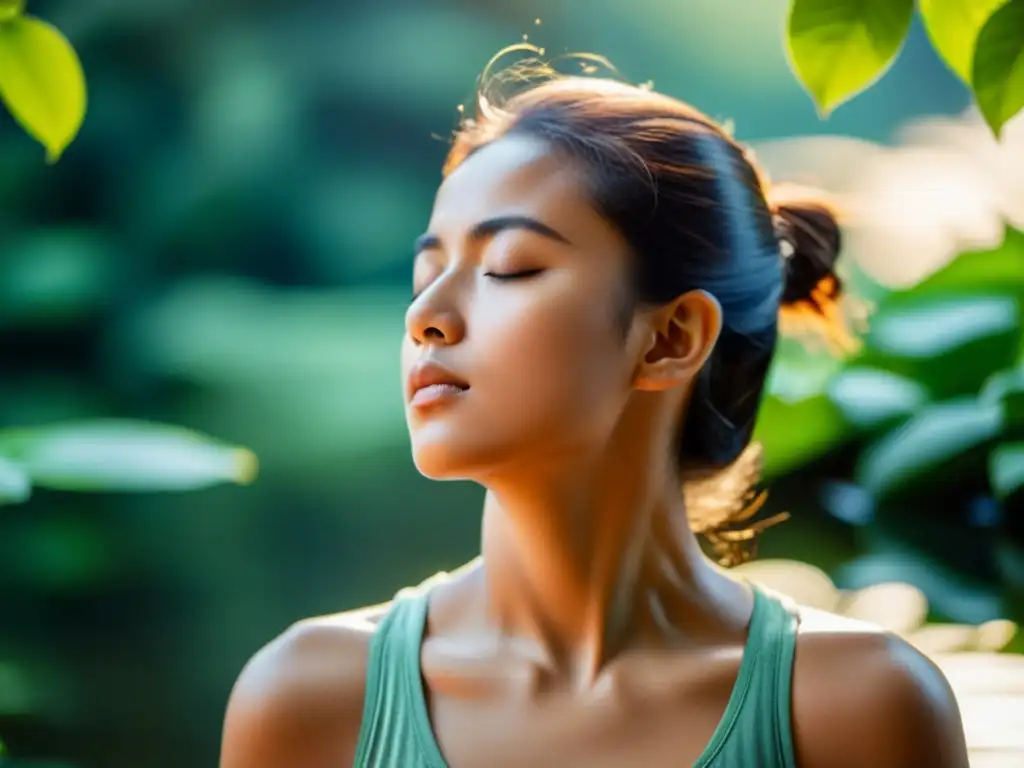 Respiración consciente: Serenidad en detalle Una persona practica la respiración consciente, con los ojos cerrados y una expresión serena