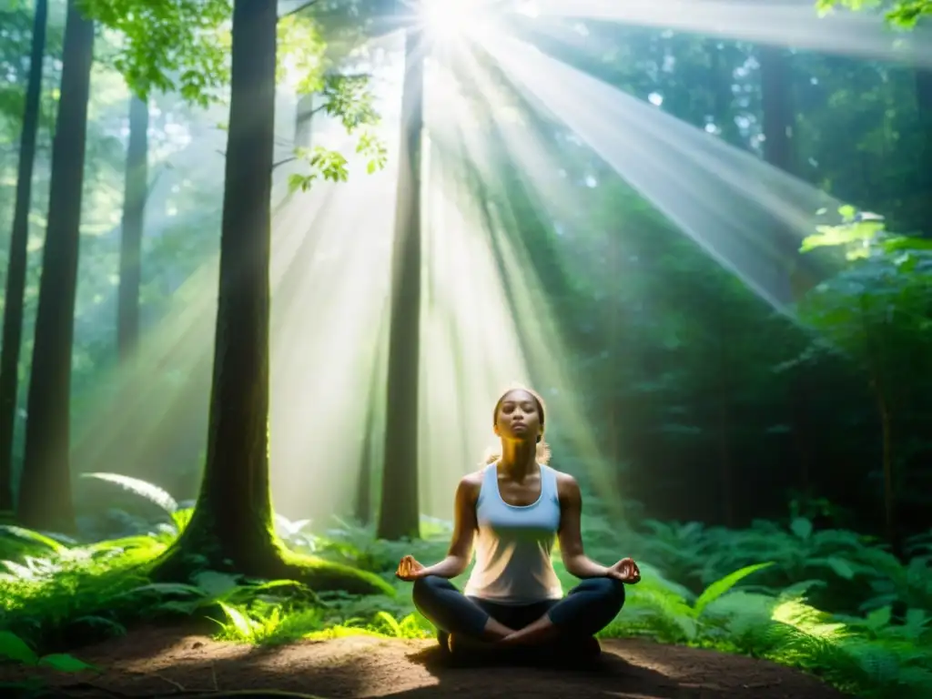 Meditación en el bosque: fortalece tu sistema inmunológico Persona practicando respiración profunda en un bosque verde y soleado, transmitiendo calma y fortalecimiento del sistema inmunológico