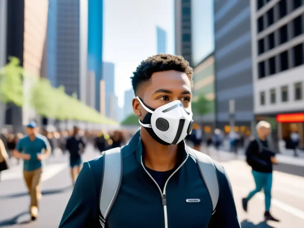 Respirador inteligente en ciudad: futuro de la protección respiratoria Persona usando un respirador personal inteligente en la ciudad, destacando su defensa inmunológica en entornos urbanos