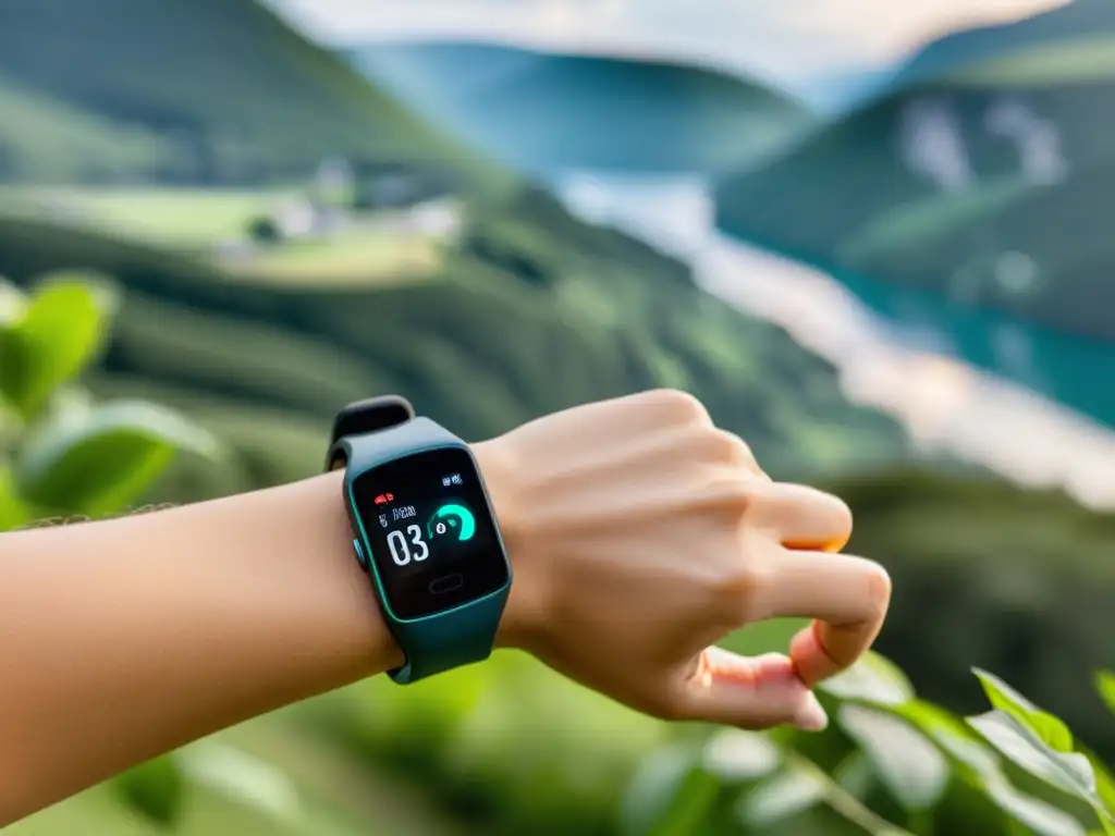 Monitor de actividad al aire libre: fitness tracker y salud inmune Persona con wearables midiendo respuesta inmune durante ejercicio al aire libre, rodeada de naturaleza vibrante y cielo azul