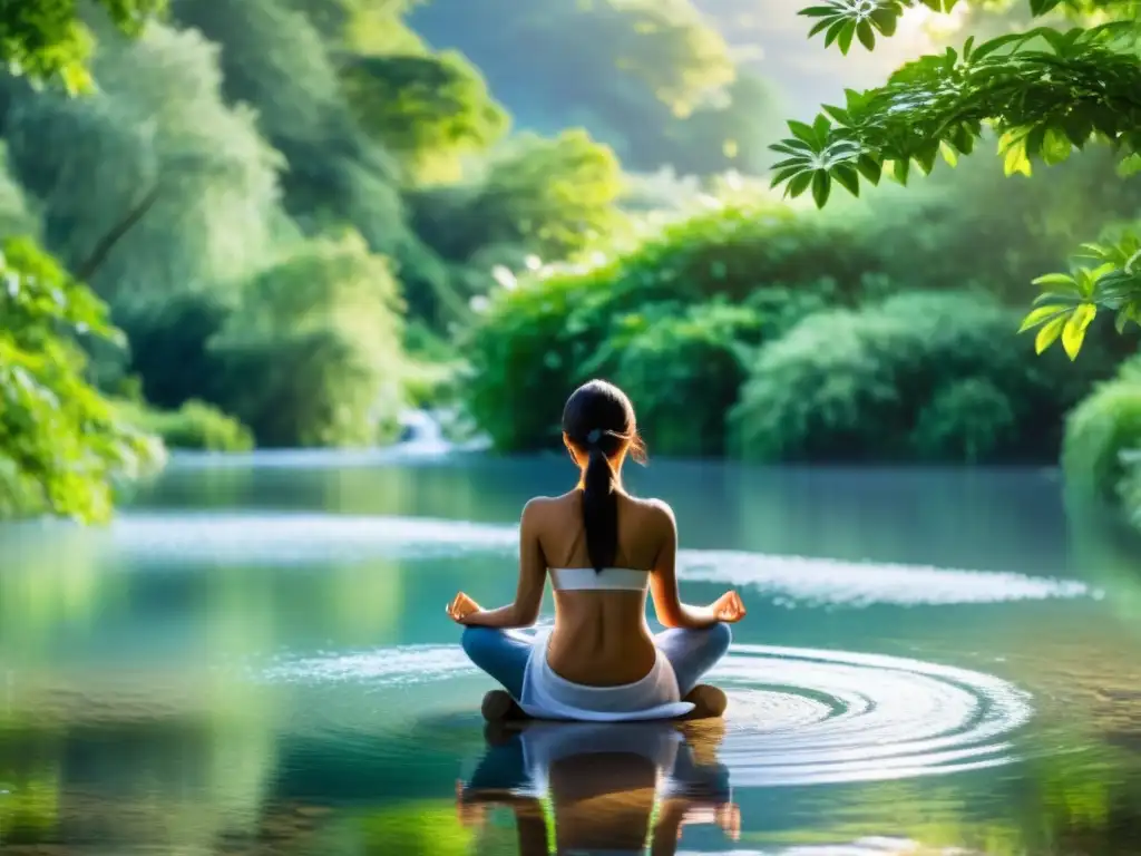 Una persona en meditación, rodeada de una cálida luz, en un paisaje natural sereno, transmite calma y paz interior