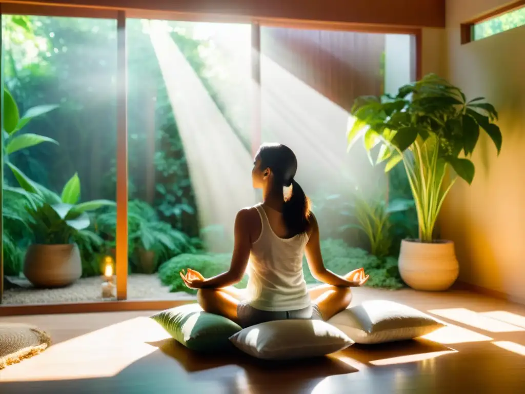 Armonía interior: meditación y naturaleza para la salud Persona en meditación, rodeada de vegetación exuberante y luz solar, con partículas brillantes