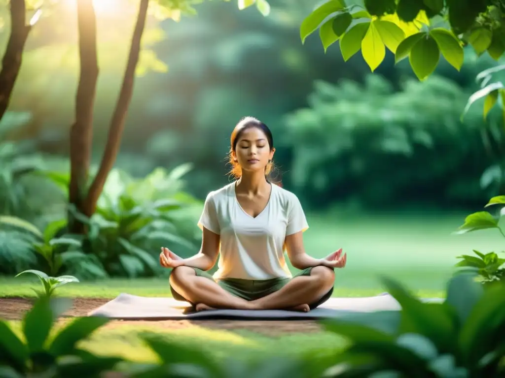 Meditación en la naturaleza: calma y paz interior Una persona medita rodeada de naturaleza, transmitiendo calma y paz interior