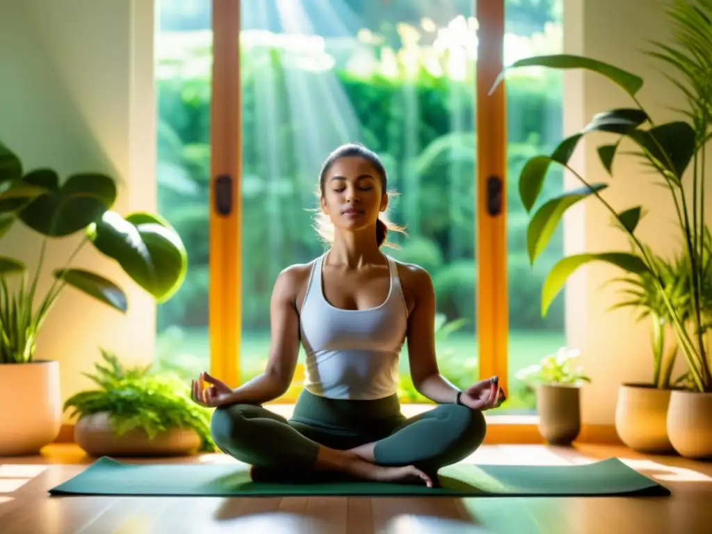 Serena meditación entre vegetación: fortaleciendo el sistema inmune Persona meditando rodeada de naturaleza, buscando paz interior con una app de meditación