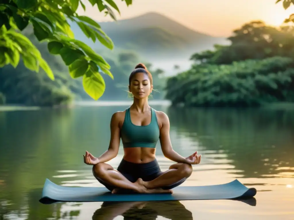 Yoga al Amanecer: Serenidad y Fortaleza en la Naturaleza Una persona practica yoga al amanecer, rodeada de naturaleza serena y agua calmada, irradiando paz y fortaleza