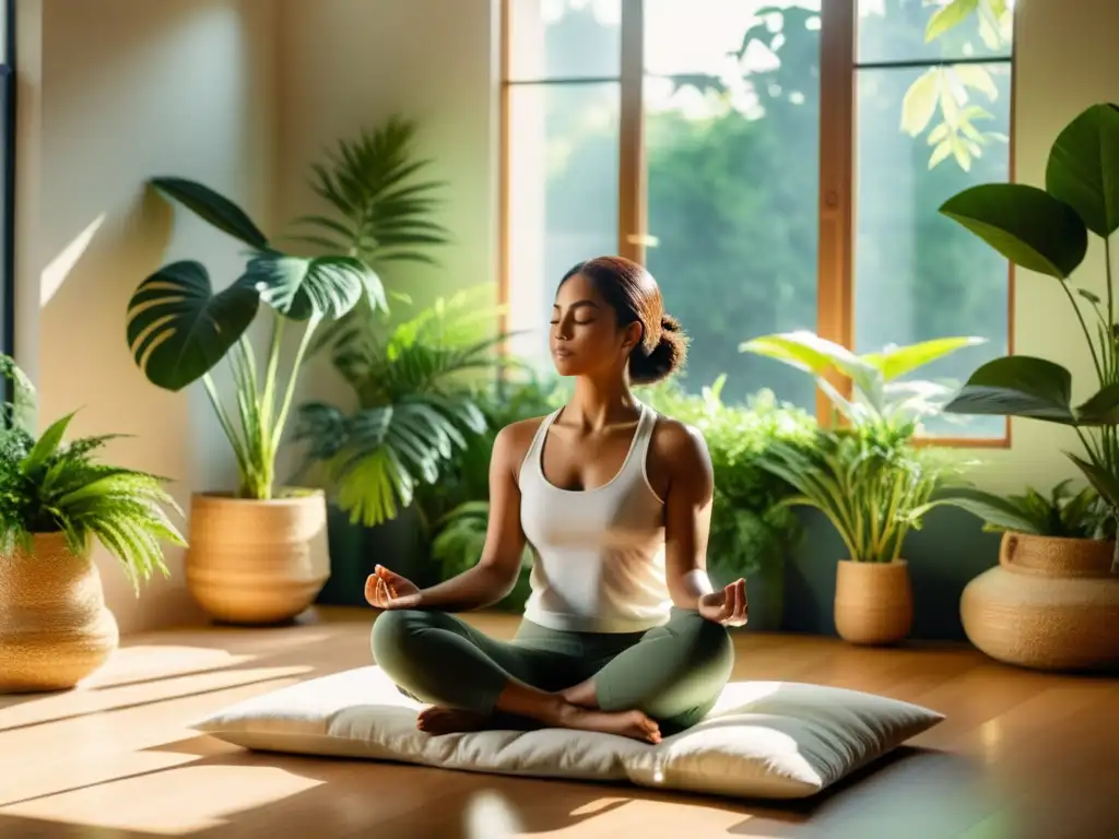 Meditación en armonía con la naturaleza y paz interior Persona en meditación, rodeada de plantas en un ambiente tranquilo y soleado