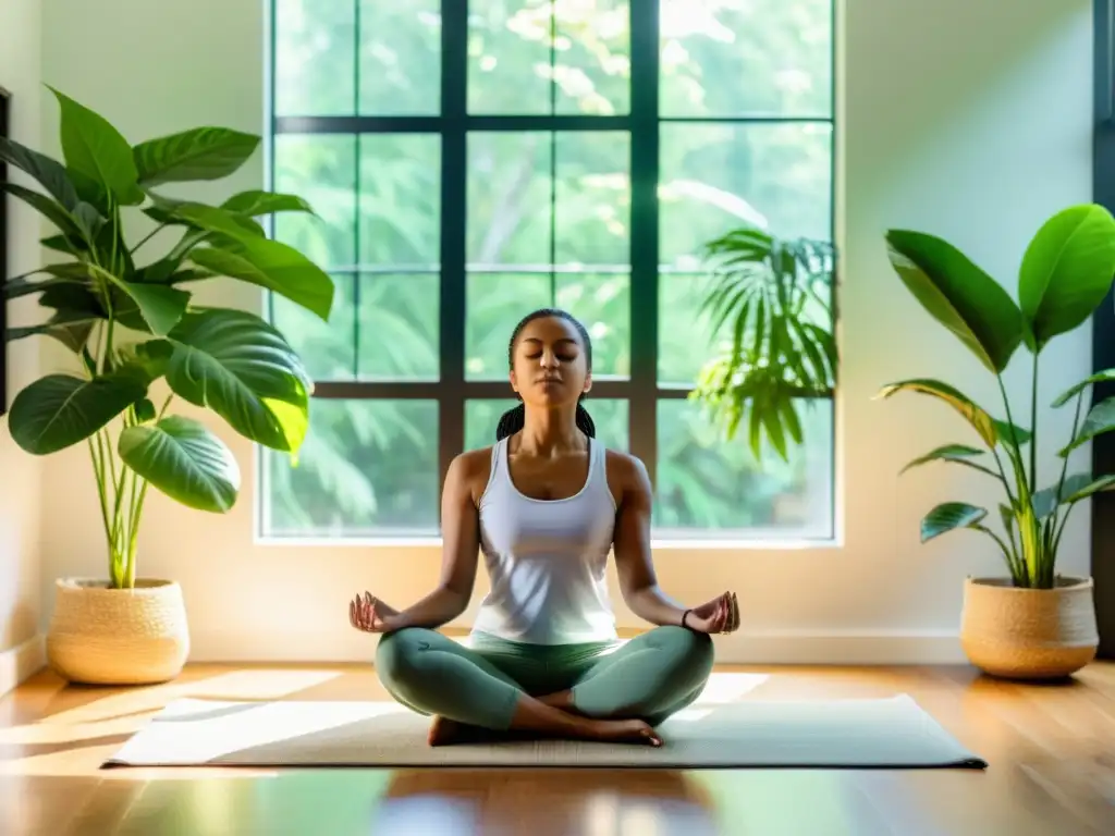 Meditación tranquila entre plantas en un salón luminoso Persona meditando en sala luminosa, rodeada de plantas, vistiendo ropa cómoda