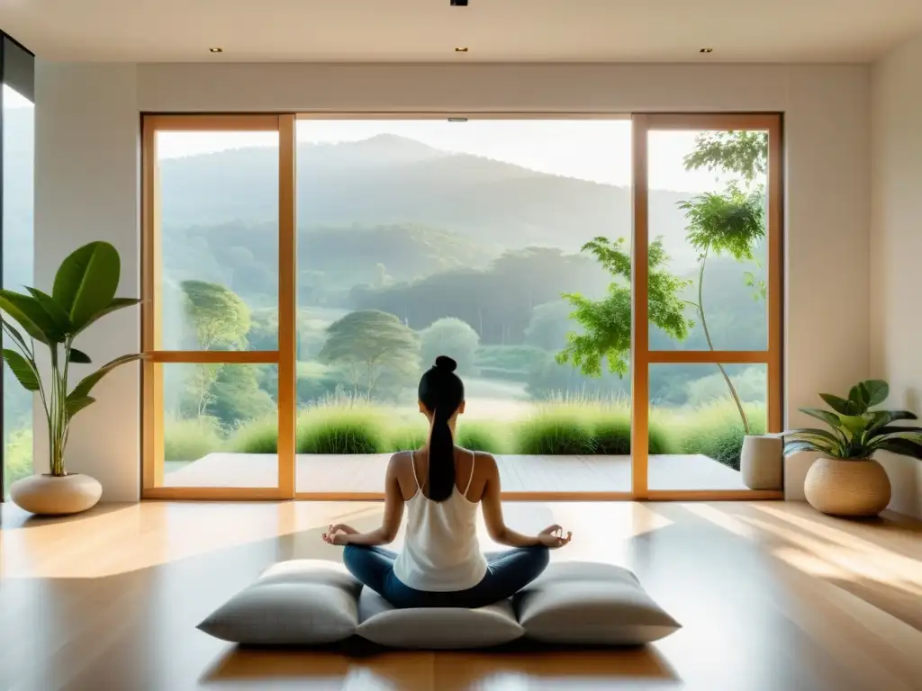 Espacio de meditación serena con vista natural Persona meditando en sala moderna con vista a naturaleza, promoviendo relajación y ejercicios de meditación para fortalecer defensas