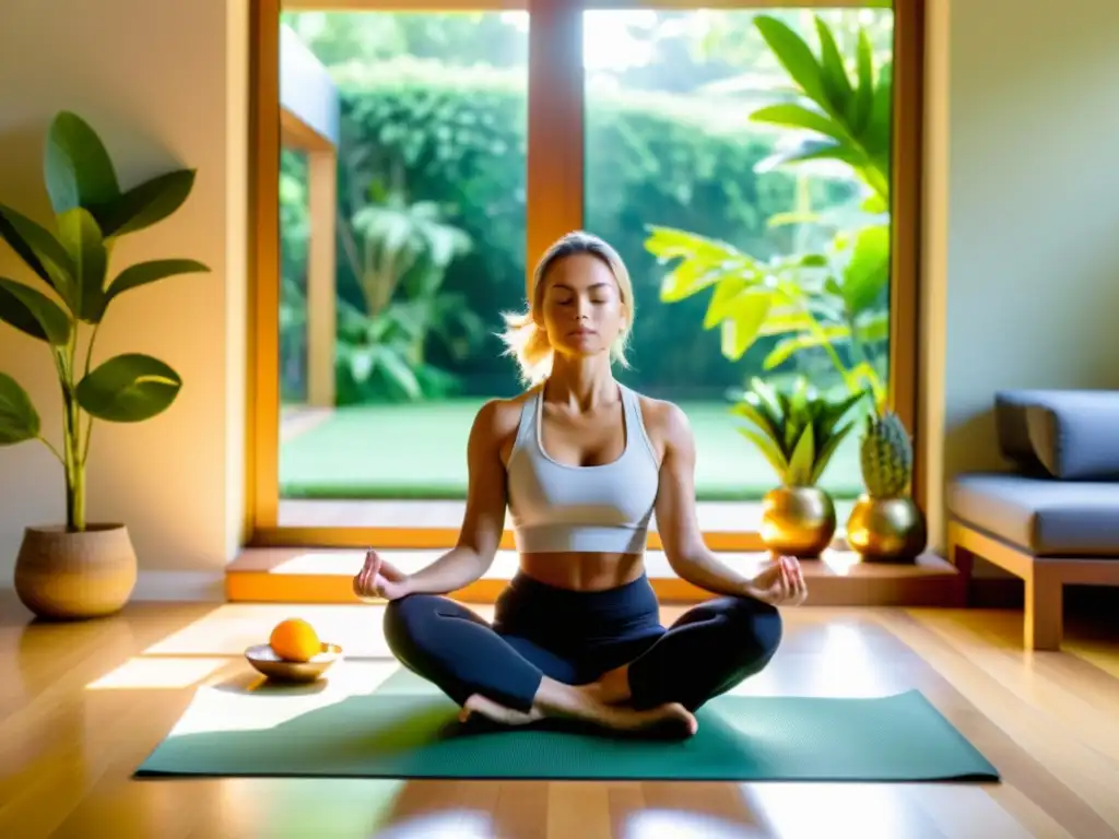 Serenidad en casa: meditación y bienestar en un entorno natural Persona meditando en sala con vista a jardín, promoviendo la importancia de la gratitud en inmunidad